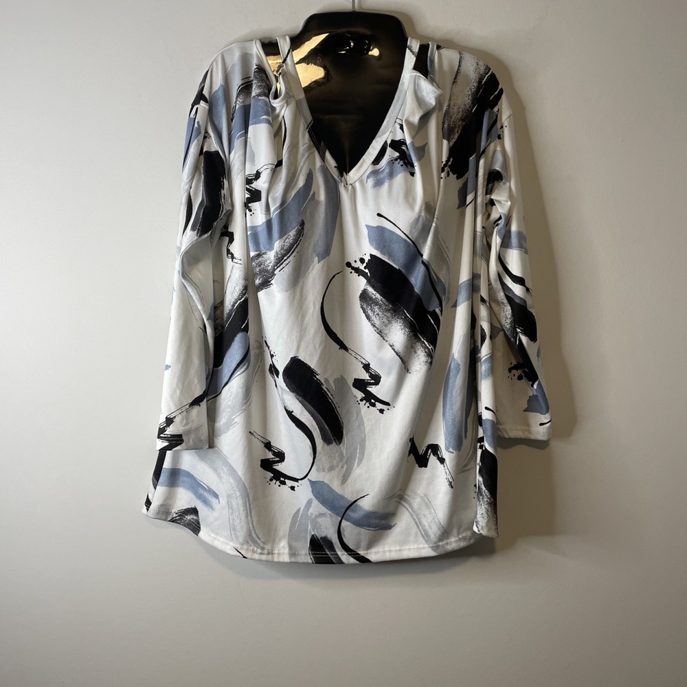 White Birch Blouse Women L Abstract Brush Print Cold Shoulder Top